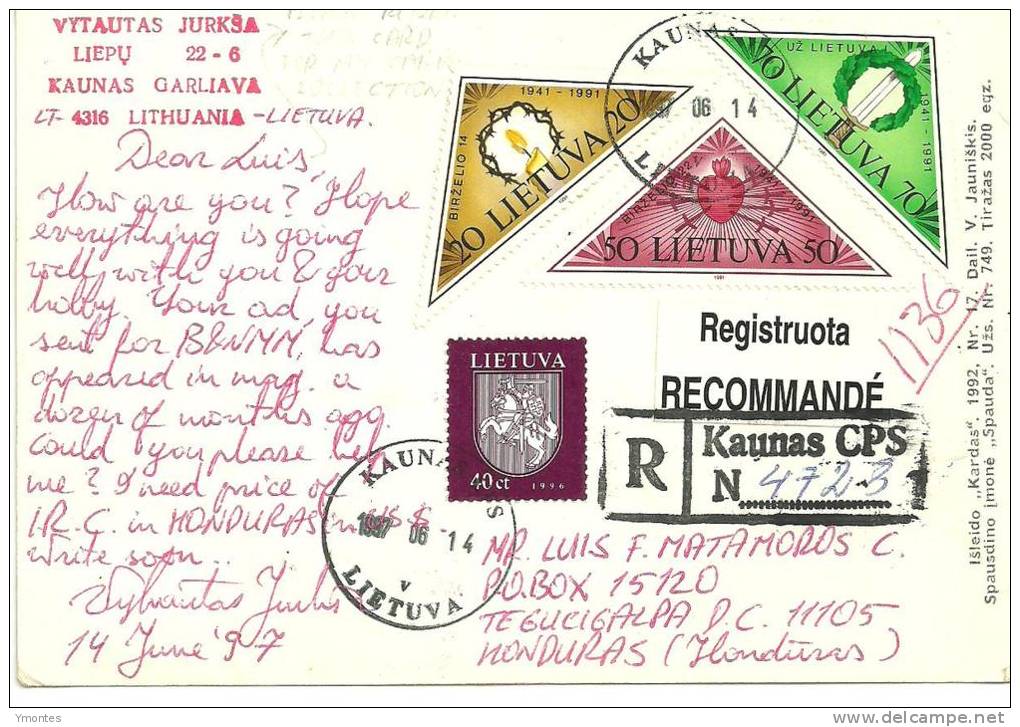 Registered Postcard Kaunas Lithuania To Honduras 1997 - Litauen