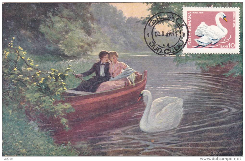 SWAN, BOAT, 1969, CM. MAXI CARD, CARTES MAXIMUM, ROMANIA - Cygnes