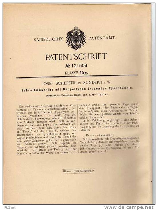 Original Patentschrift - J. Scheffer In Sundern I. W. , 1900 , Schreibmaschine !!! - Tools