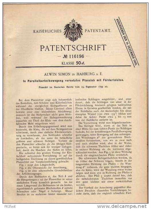 Original Patentschrift - A. Simon In Harburg A. E. , 1899 , Plansieb Mit Förderleisten !!! - Tools