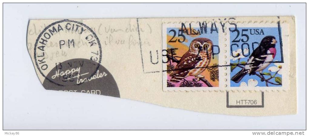 USA-Paire De Timbres  Chouette  Et Autre Oiseau  Sur Fragment Carte Postale--cachet  Oklahoma City- "Always Use Zip Code - Búhos, Lechuza