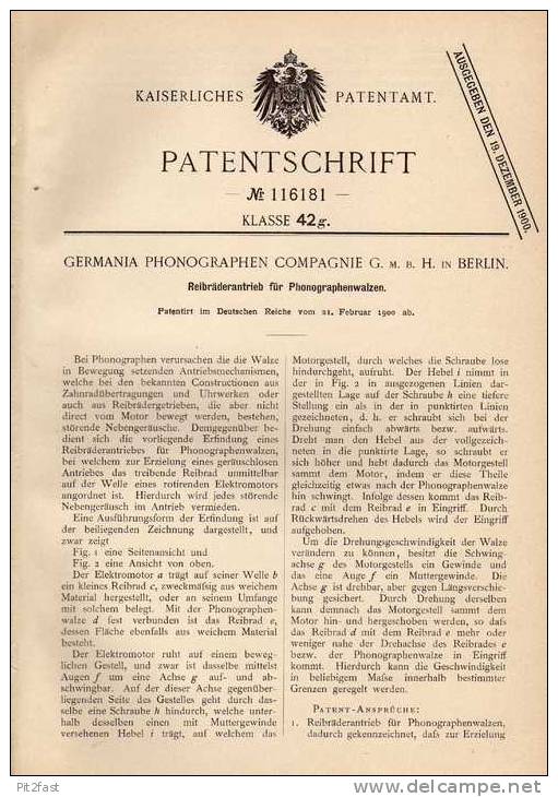 Original Patentschrift - Germania Phonographen Compagnie In Berlin , 1900 , Phonograph , Telephon !!! - Telefoontechniek