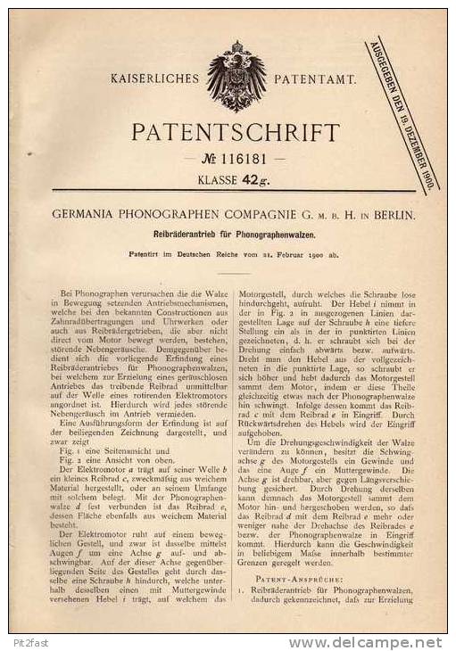 Original Patentschrift - Germania Phonographen Compagnie In Berlin , 1900 , Phonograph , Telephon !!! - Telephony