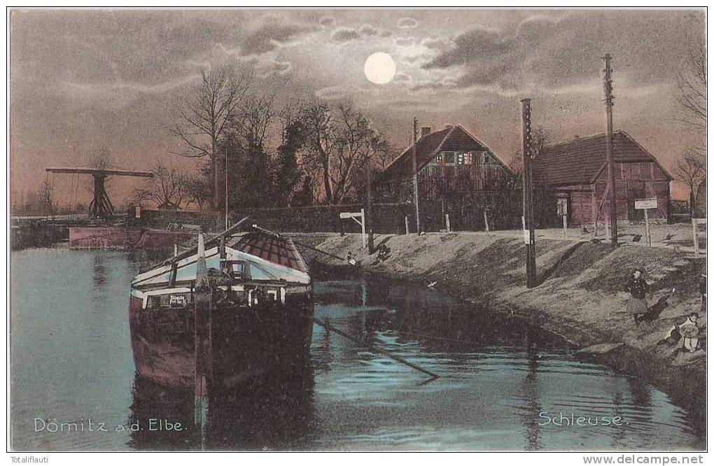 Dömitz An Der Elbe Schleuse Color Mondschein Karte Klapp Brücke 30.4.1912 Gelaufen - Dömitz