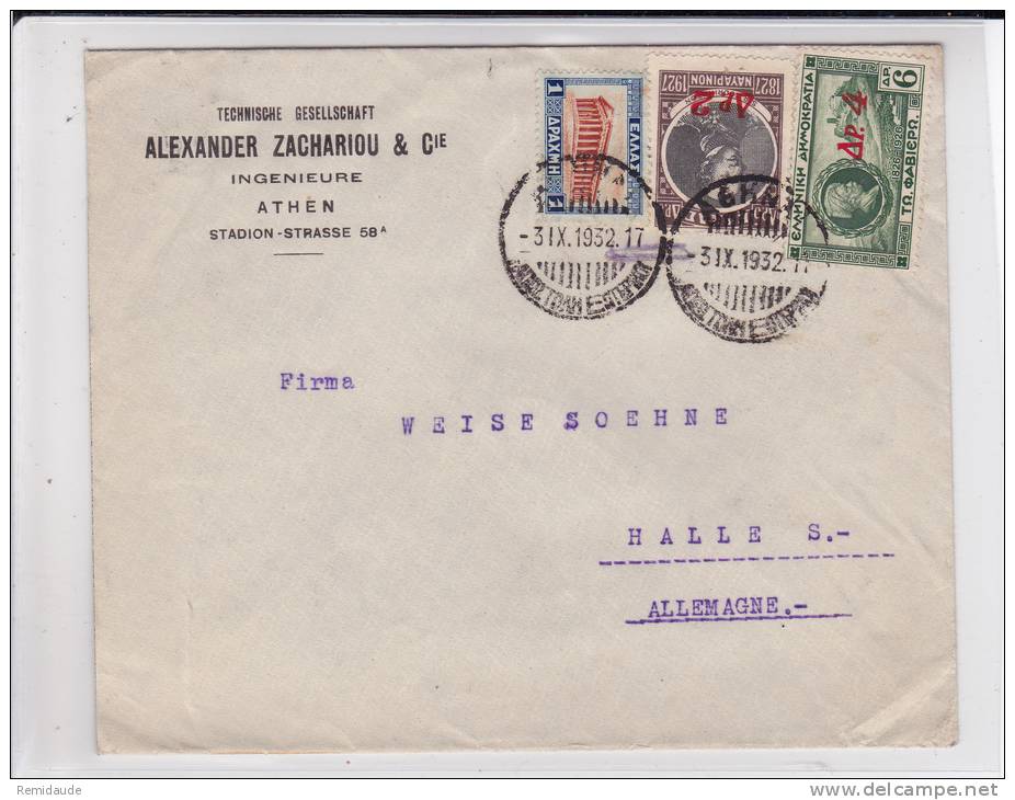 GRECE - 1935 - ENVELOPPE COMMERCIALE Par AVION De ATHENES Pour HALLE (GERMANY) - - Storia Postale