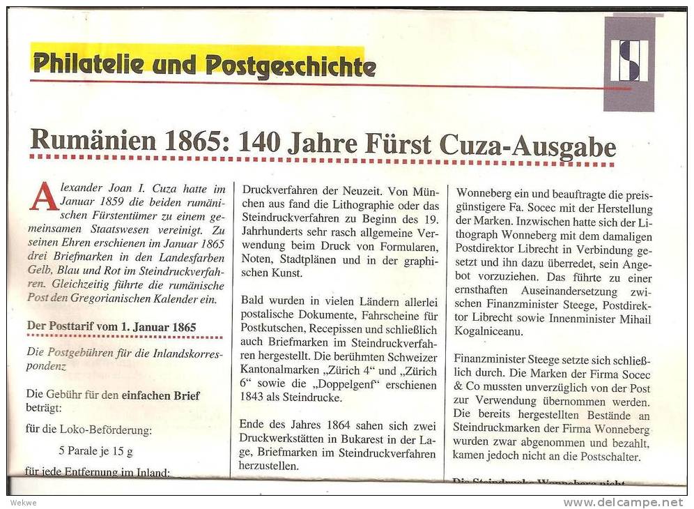 Rumänien. Die Fürst Cuza-Ausgabe. Entwürfe, Steindrucke, II. Auflage.  Stempel, Frankaturen Etc. (4 DIN A 4 Seiten) - Philatelie Und Postgeschichte