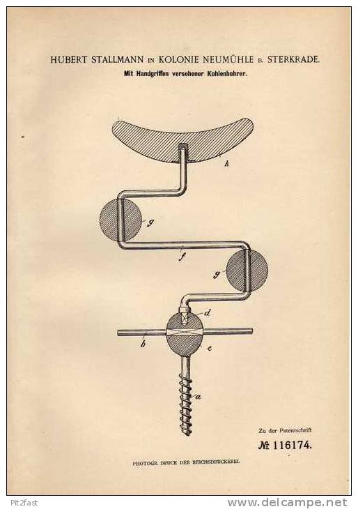 Original Patentschrift - H. Stallmann In Kolonie Neumühle B. Sterkrade , 1899 , Kohlenbohrer !!! - Machines