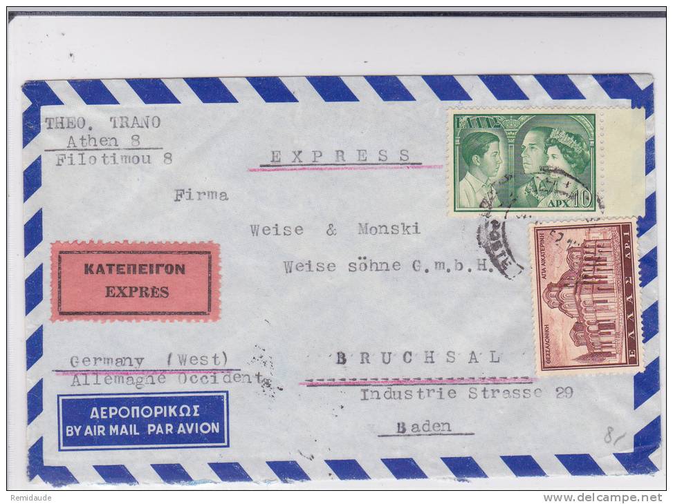 GRECE - 1952 - ENVELOPPE COMMERCIALE EXPRES Par AVION De ATHENES Pour BRUCHSAL (BADEN) - - Lettres & Documents