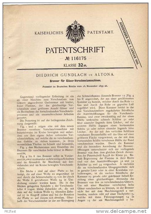 Original Patentschrift - D. Gundlach In Altona , 1899 , Brenner Für Glas , Glashütte , Schmelzmaschine !!! - Tools