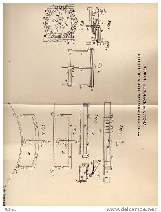 Original Patentschrift - D. Gundlach In Altona , 1899 , Brenner Für Glas , Glashütte , Schmelzmaschine !!! - Maschinen