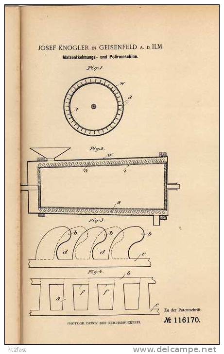 Original Patentschrift -J. Knogler In Geisenfeld A.d. Ilm , 1900, Malzentkeimungs- Und Poliermaschine !!! - Máquinas