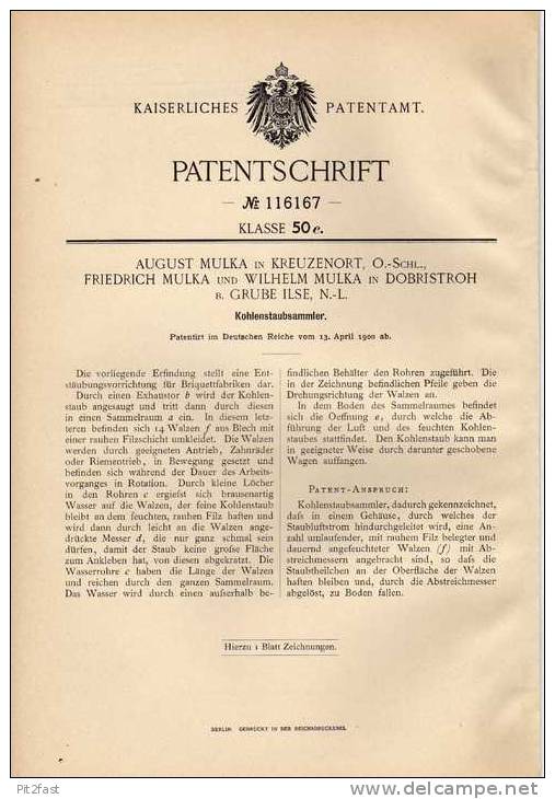 Original Patentschrift - Gebr. Mulka In Kreuzenort Und Dobristroh B. Grube Ilse , 1900, Kohlenstaubsammler !!! - Macchine