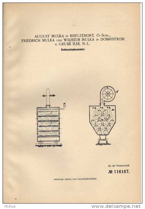 Original Patentschrift - Gebr. Mulka In Kreuzenort Und Dobristroh B. Grube Ilse , 1900, Kohlenstaubsammler !!! - Maschinen