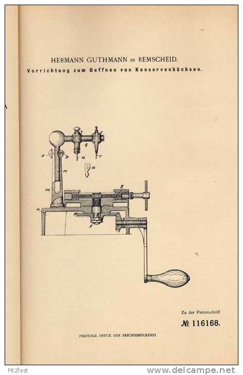 Original Patentschrift - H. Guthmann In Remscheid , 1899 , Büchsenöffner , Konservenöffner !!! - Maschinen
