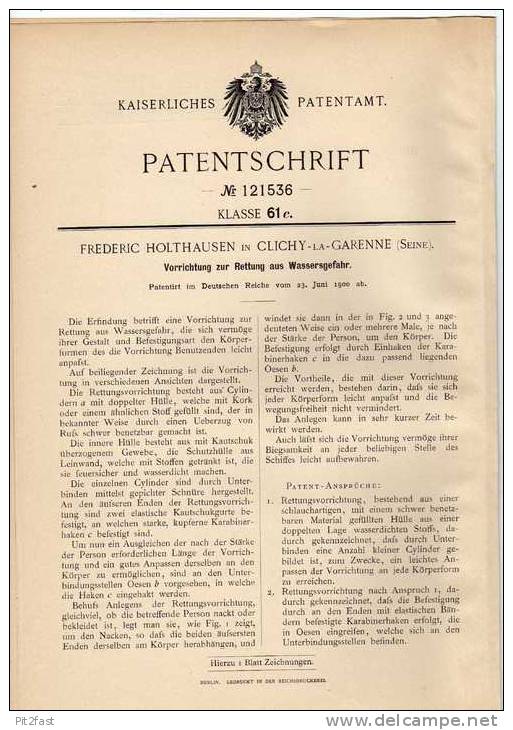 Original Patentschrift - F. Holthausen In Clichy La Garenne , Seine , 1900  ,Salut De L'eau , Gilet De Sauvetage !!! - Sonstige & Ohne Zuordnung