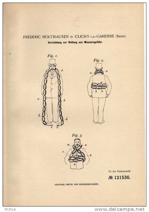 Original Patentschrift - F. Holthausen In Clichy La Garenne , Seine , 1900  ,Salut De L'eau , Gilet De Sauvetage !!! - Andere & Zonder Classificatie