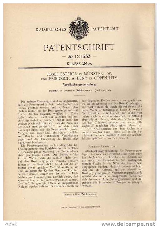 Original Patentschrift - F. Beny In Oppenheim Und Münster , 1900, Abschlakungsvorrichtung , Feuerungsanlage , Heizung !! - Maschinen