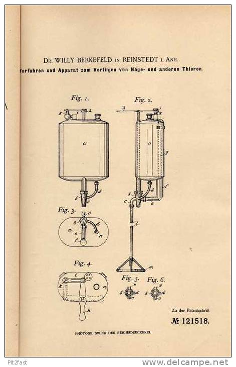 Original Patentschrift - Dr. Berkefeld In Reinstedt , 1900 , Jagd , Jäger , Rattenfänger !!! - Maschinen