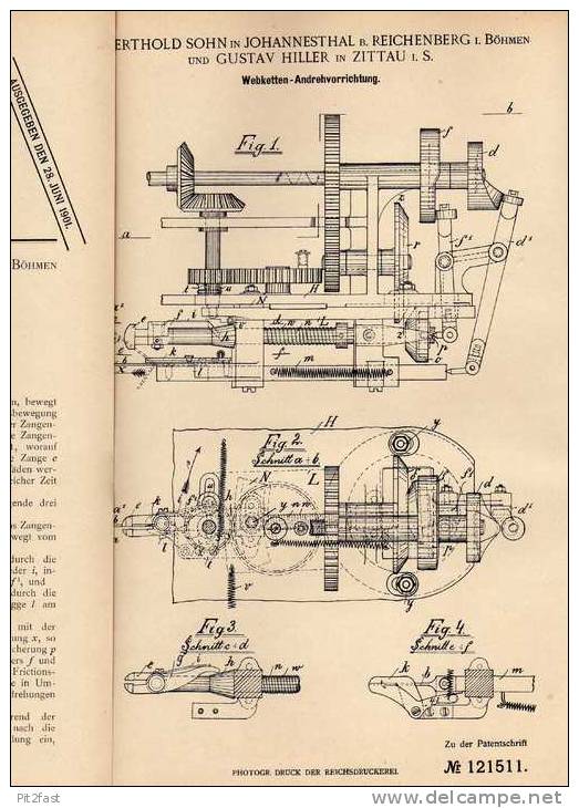 Original Patentschrift - B. Sohn In Johannesthal B. Reichenberg Und Zittau , 1900 , Webstuhl Andrehvorricht, Weberei !!! - Machines