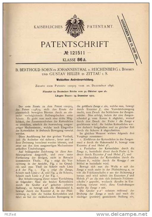 Original Patentschrift - B. Sohn In Johannesthal B. Reichenberg Und Zittau , 1900 , Webstuhl Andrehvorricht, Weberei !!! - Machines