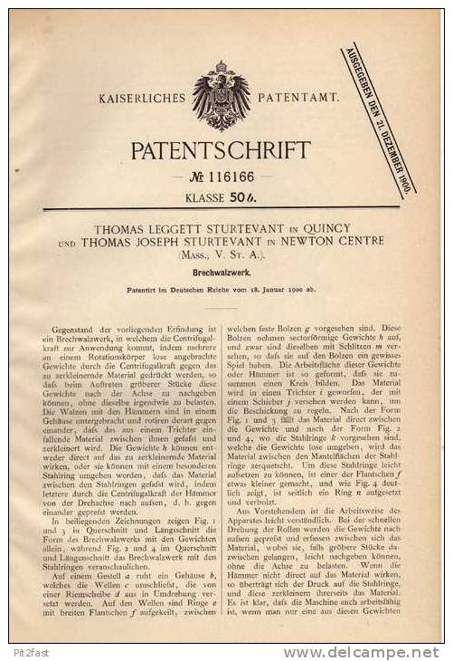 Original Patentschrift - Brechwalzwerk , 1900 , Th. Leggett In Quincy Und Newton Centre , USA !!! - Maschinen