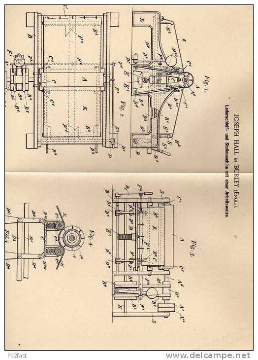 Original Patentschrift - J. Hall In Burley , 1898 , Lederschleif- Und Stollmaschine , Sattler , Schuster !!! - Machines