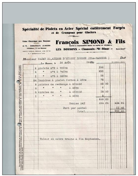 Entête Du 16/08/1937 FRANCOIS SIMOND & Fils - Piolets En Acier Spécial Forgés - Les Bossons - Chamonix - 1900 – 1949