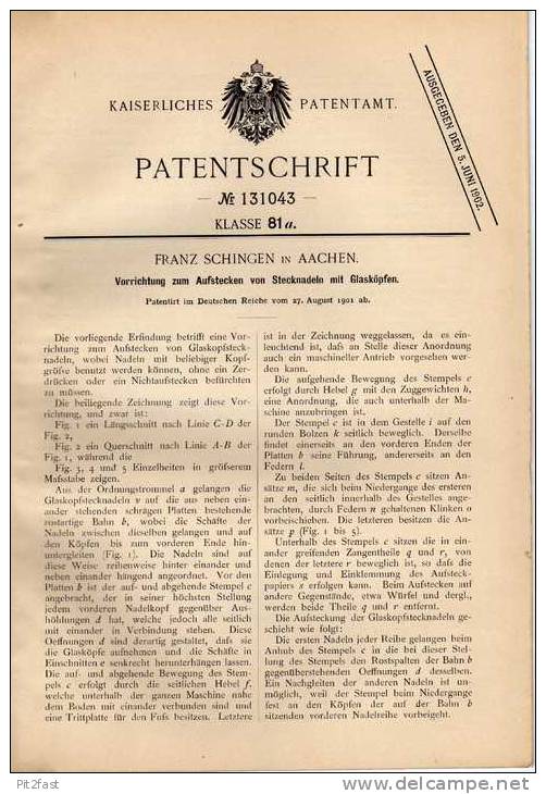 Original Patentschrift - F. Schingen In Aachen , 1901 , Maschine Für Stecknadeln , Glaskopf !!! - Tools