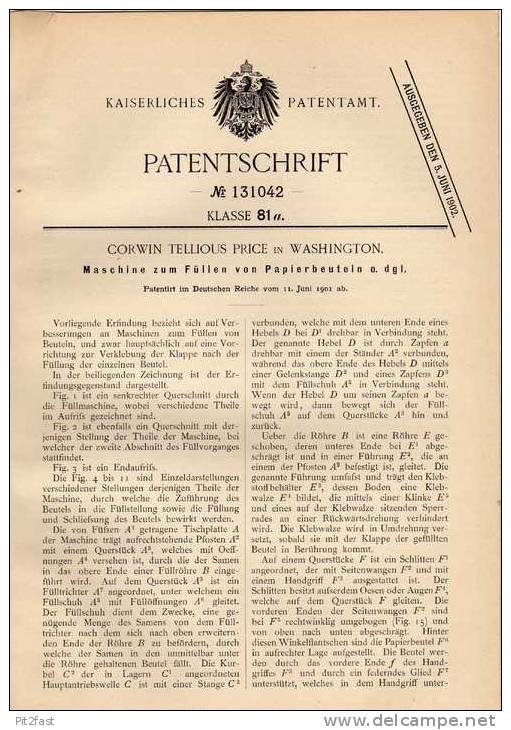 Original Patentschrift - Füllmaschine Für Papierbeutel , 1901 , C. Price In Washington  !!! - Tools