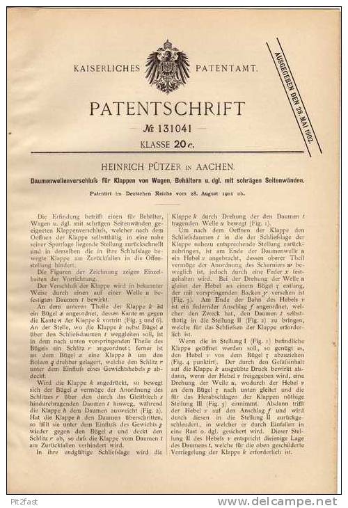 Original Patentschrift - H. Pützer In Aachen , 1901 , Klappenverschluß Für Wagen !!! - Cars
