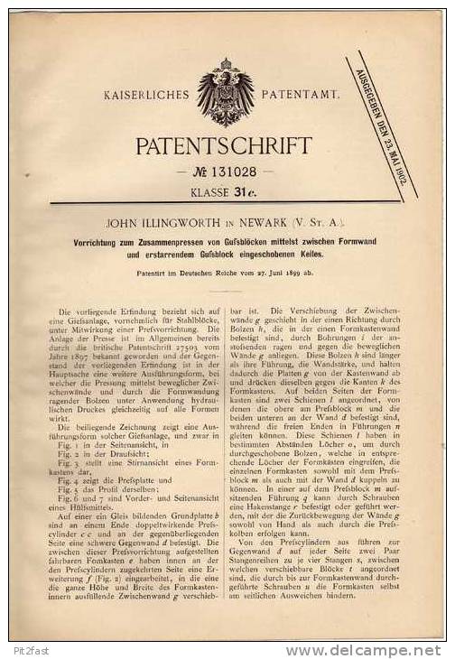 Original Patentschrift - Presse Für Gußblöcke , 1899 , J. Illingworth In Newark , USA !!! - Tools