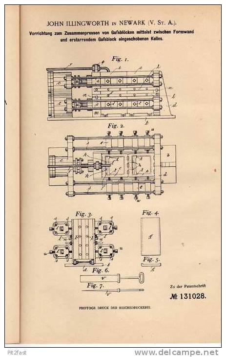 Original Patentschrift - Presse Für Gußblöcke , 1899 , J. Illingworth In Newark , USA !!! - Tools