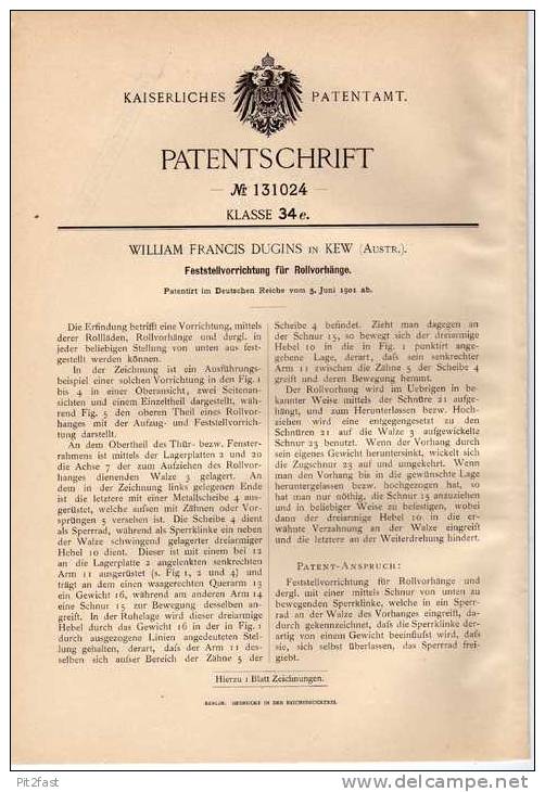 Original Patentschrift - Vorrichtung Für Rollvorhänge ,1901,W. Dugins In Kew , Australien !!! - Architektur