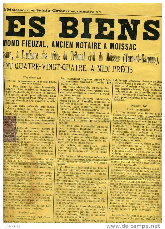 Affiche, Vente Des Biens,1884, Moissac Fieuzal,notaire , Saint-Paul D´Espis, Castelsagrat Château De Lachapelle - Affiches