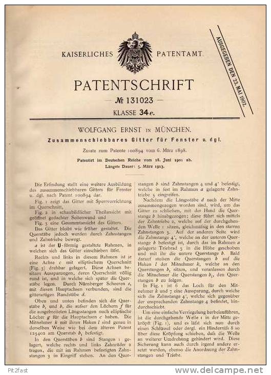 Original Patentschrift - Zusammenlegbares Gitterfenster , 1901 , W. Ernst In München !!! - Arquitectura