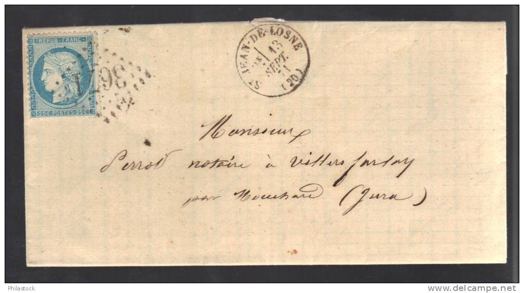 FRANCE 1871 N° 60 Obl. S/Lettre Entiére GC 3671 Petit  C à D St. Jean De Losne - 1871-1875 Ceres
