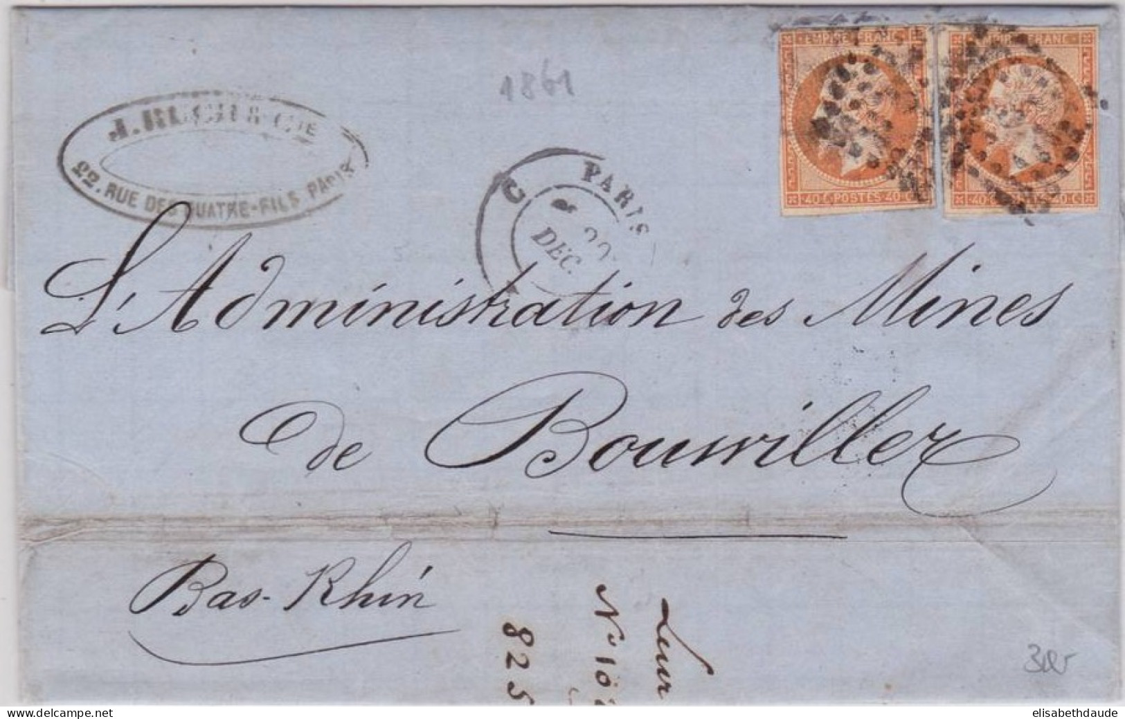 1861 - EMPIRE - AFFRANCHISSEMENT 80c Sur LETTRE De PARIS Pour Les MINES De BOUXWILLER (BAS-RHIN) - 1853-1860 Napoleon III