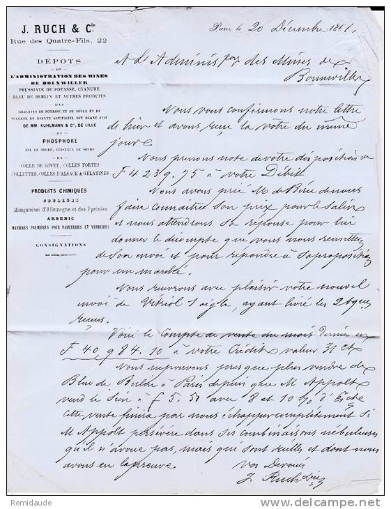 1861 - EMPIRE - AFFRANCHISSEMENT 80c Sur LETTRE De PARIS Pour Les MINES De BOUXWILLER (BAS-RHIN) - 1853-1860 Napoleon III