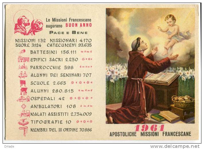 CARTOLINA CALENDARIO MISSIONI FRANCESCANE SAN FRANCESCO ANNO 1961 - Small : 1961-70