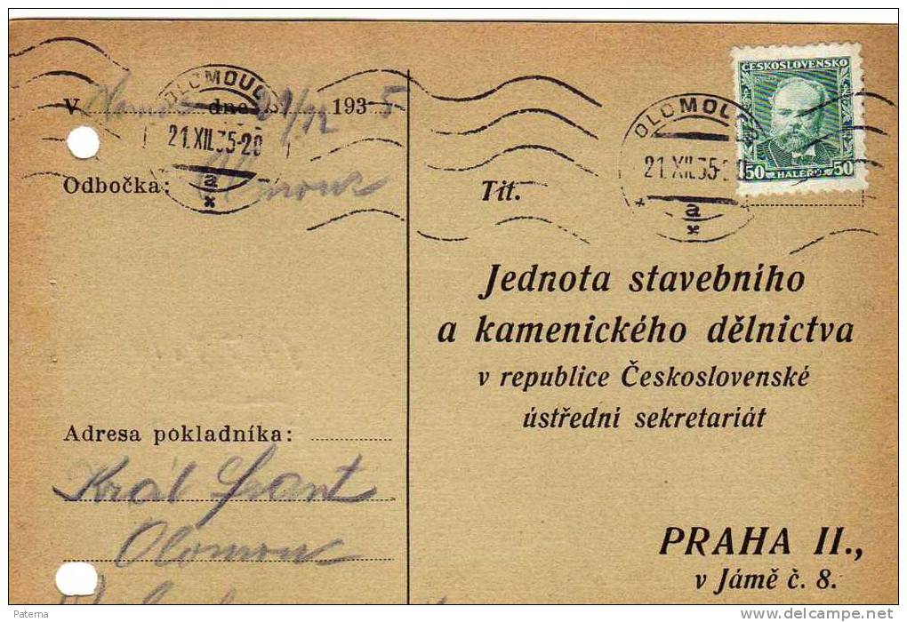 Tarjeta Privada OLOMOUC 1935, Checoslovaquia, - Covers & Documents