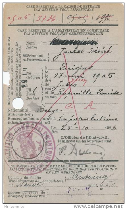 927/18 - Carte Caisse De Retraite TP Houyoux ANTOING 1926 - Cachet De L' Administration Communale D' Antoing Au Verso - 1922-1927 Houyoux