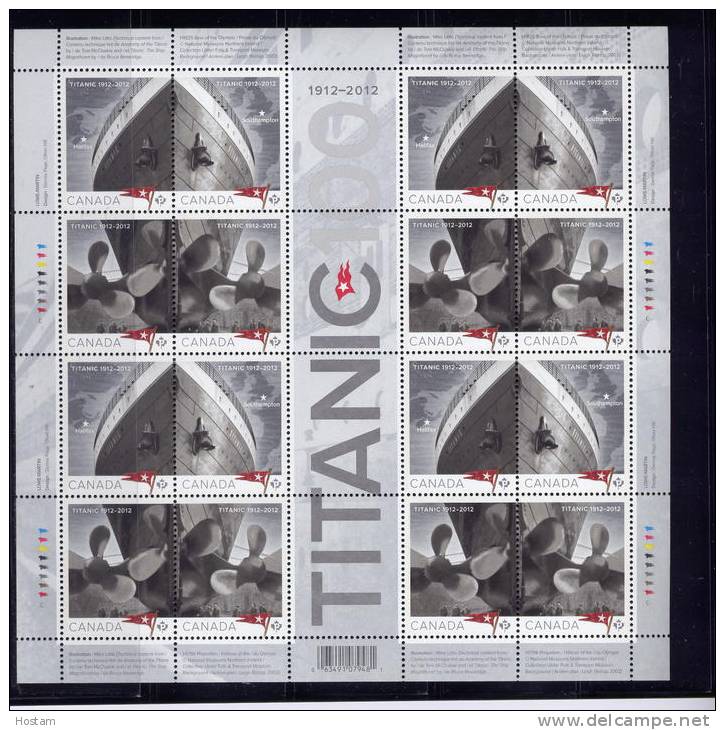 Canada, 2012, New Issue TITANIC 100th Anniversary, Full Sheet  Of 16 Stamps MNH - Full Sheets & Multiples