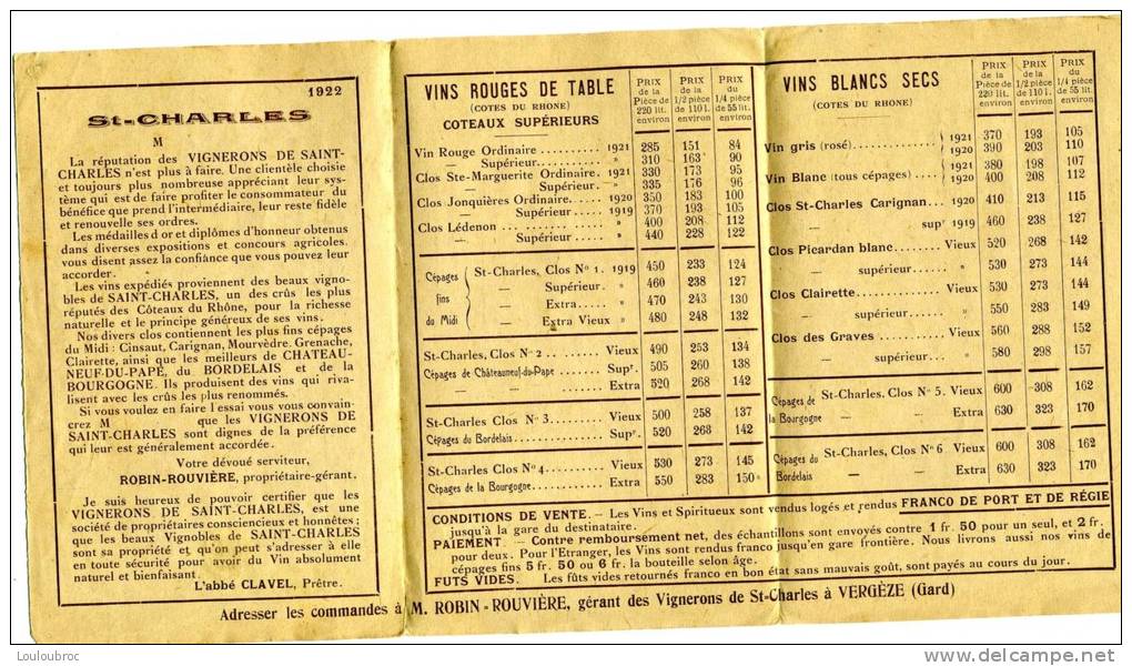 30 LES VIGNERONS DE SAINT CHARLES PRES DE JONQUIERES TARIF DEPLIANT DE 1922 - Autres & Non Classés