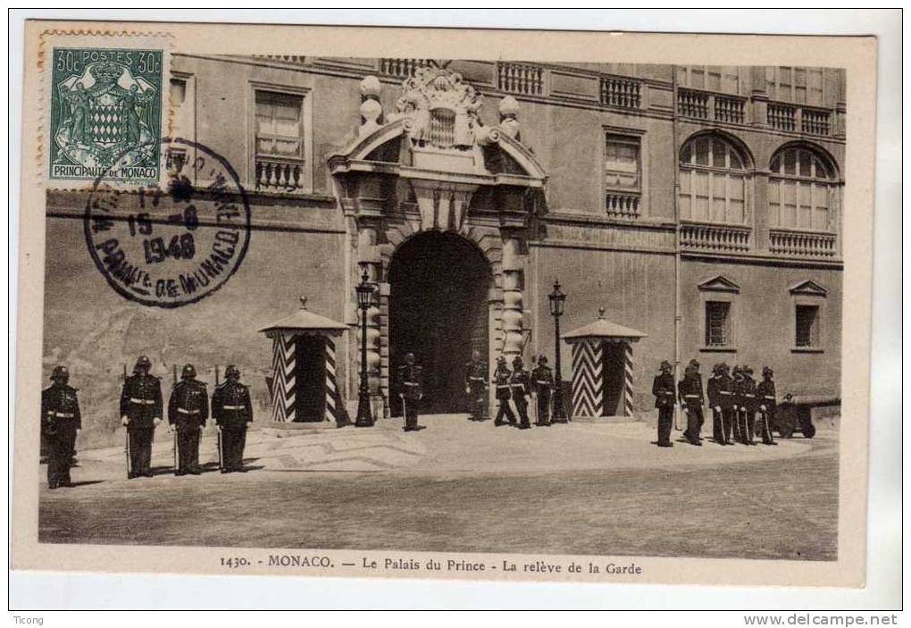 BLASON DE MONACO 30  CENTIMES SUR CARTE LE PALAIS DU PRINCE , LA RELEVE DE LA GARDE 1948 - Vide