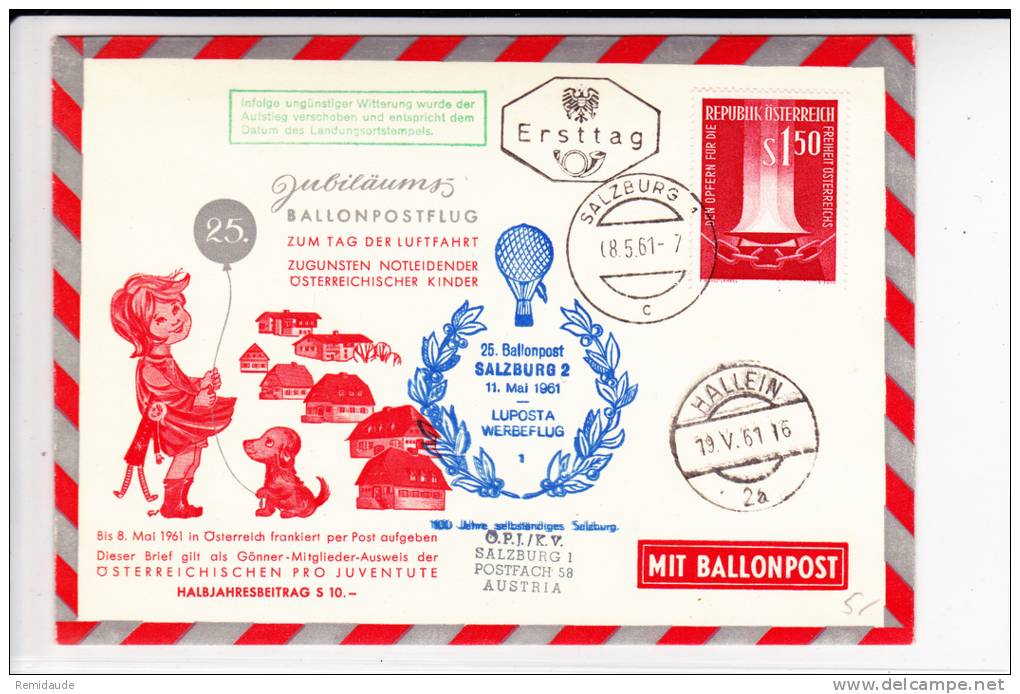 AUTRICHE - 1961 - ENVELOPPE Par BALLON De SALZBURG - 25.BALLONPOST - Per Palloni