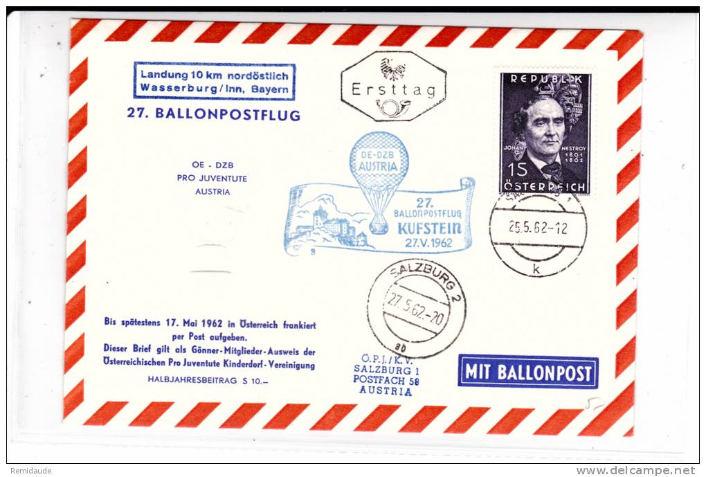 AUTRICHE - 1962 - ENVELOPPE Par BALLON De KUFSTEIN - 27.BALLONPOST - Balloon Covers