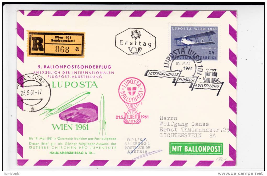 AUTRICHE - 1961 - ENVELOPPE RECOMMANDEE Par BALLON De WIEN - 5.BALLONPOSTSONDERFLUG De L´EXPO "LUPOSTA" - Per Palloni