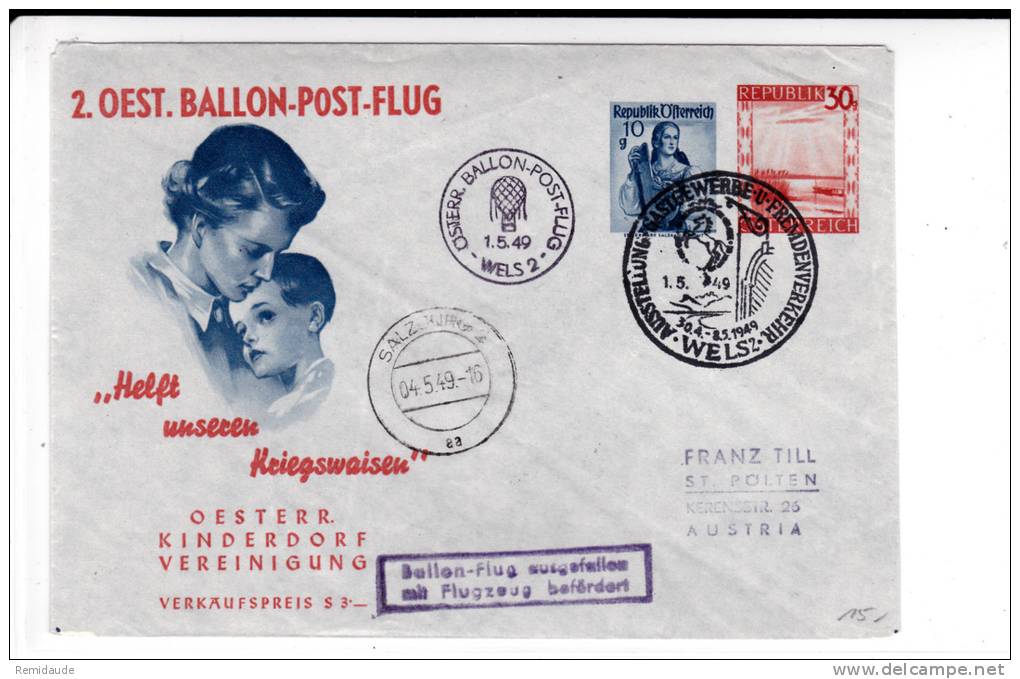 AUTRICHE - 1949 - ENVELOPPE ENTIER POSTAL Par BALLON De WELS - Par Ballon