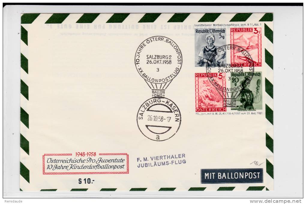 AUTRICHE - 1958 - ENVELOPPE ENTIER POSTAL Par BALLON De SALZBURG - BALLONPOST - COSTUMES - Globos