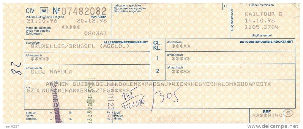 Ticket De Train émis En Belgique, De Bruxelles à Cluj Napoca (Roumanie) + Réservation émise En Hongrie - Europe
